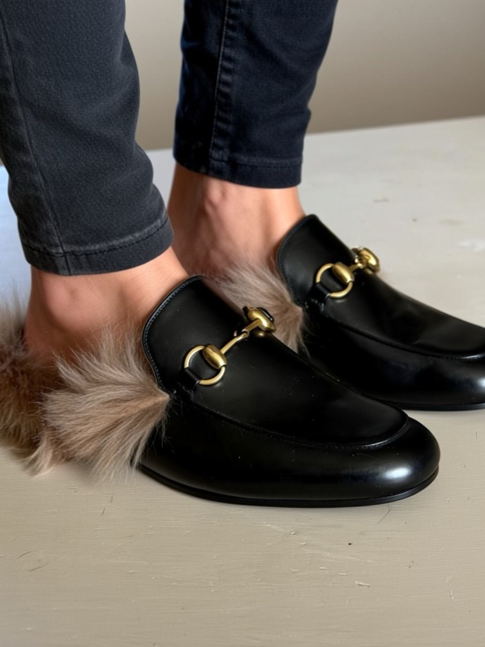 Gucci Leather Fur-Lined Princeton Mule Horsebit Slip-On Loafers